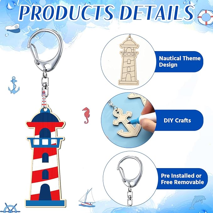 RattanView 24 Pcs Nautical Craft Color Your Own Keychains DIY Craft Wooden