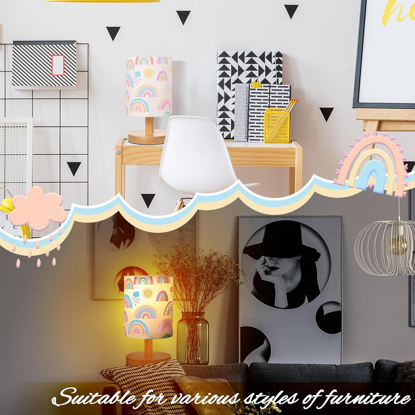 VIHOSE Rainbow Kids Table Lamp for Bedroom Kids Bedside Lamp with Linen Wooden Nightstand Cartoon Nursery Lampshade for Girls Boys Living Room