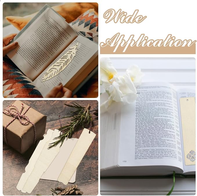 50 pcs 5 Styles Blank Theme Unfinished Wood Cutout Bookmarks Feather Flower