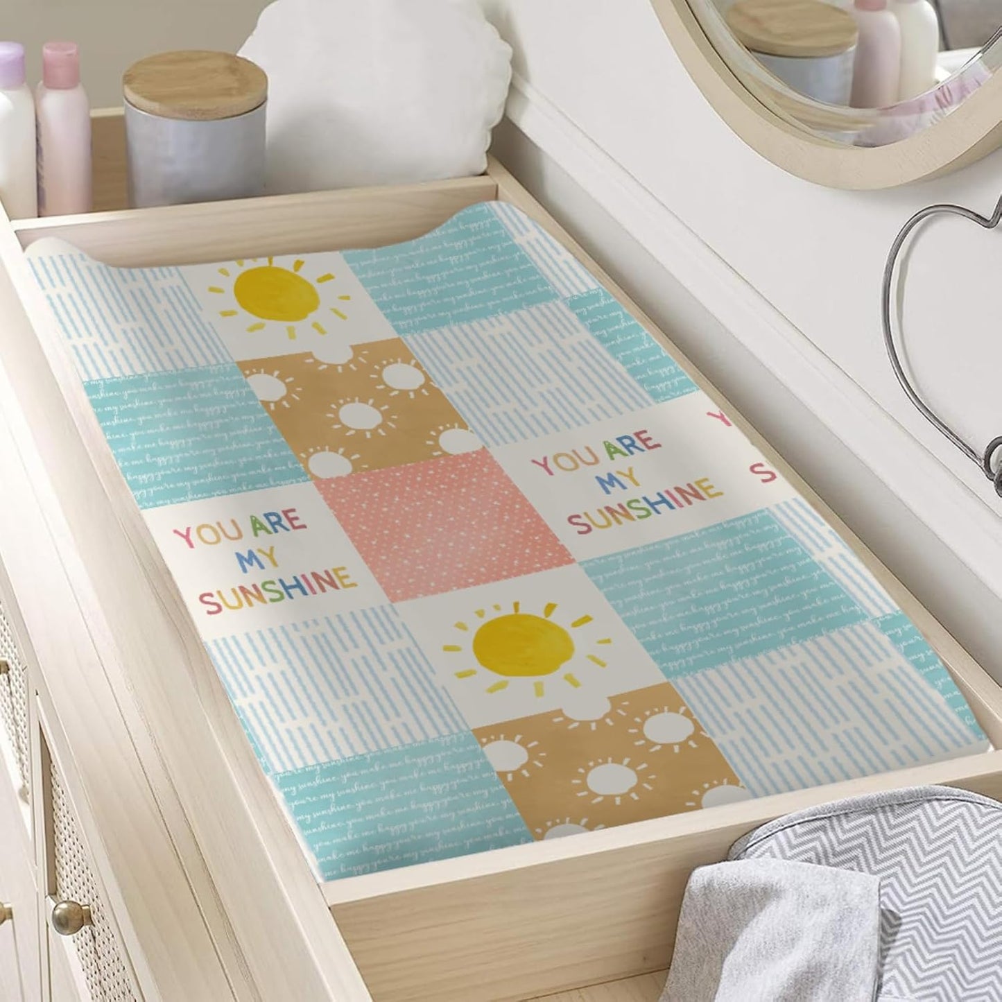 Colorful Boho Sun Changing Pad Covers Cute Sunshine Stripes Diaper Change Pad Sheets for Girls Boys Letters Quote Soft Breathable Stretchy Snug Fitted Changing Mat Cover 32''x16''
