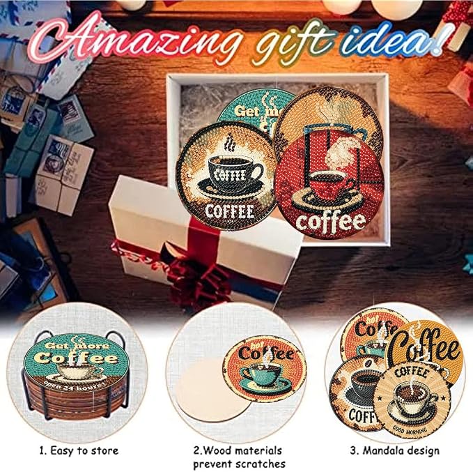 8 Pack Diamond Art Coasters, Coffee Retro Diamond Painting Coasters Kits |