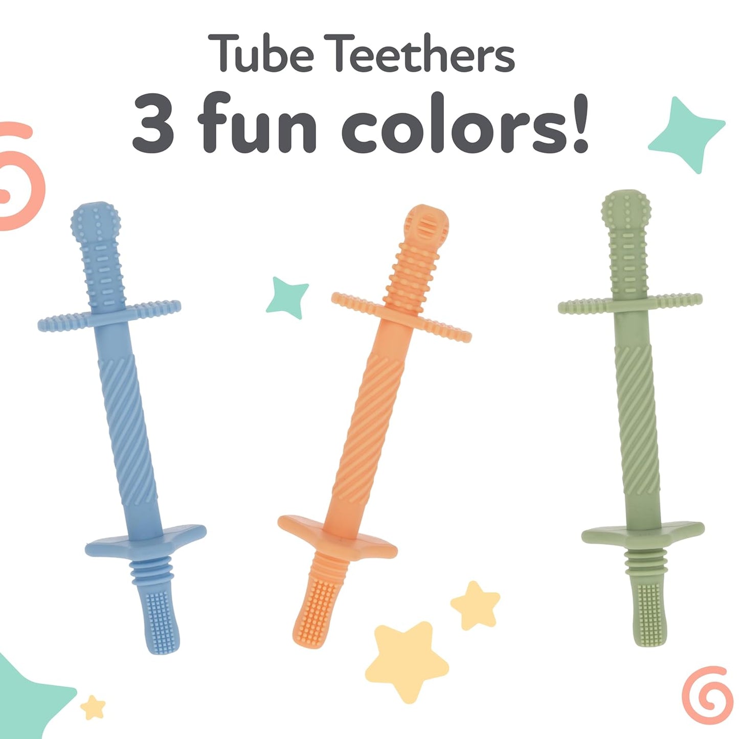 Nuby Sensory Silicone Tube Teethers - (3 Pack) Textured Infant and Baby Teether Toys - 3+ Months - Orange, Blue, and Green