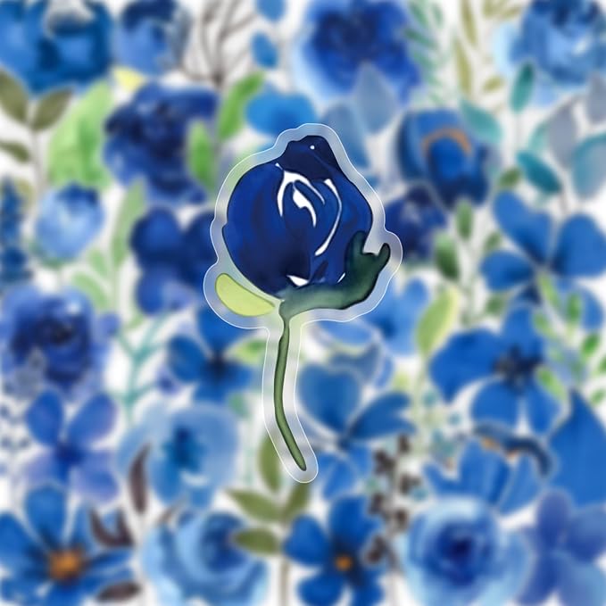 50PCS Blue Watercolor Flower PET Stickers, Waterproof Botanical Stickers