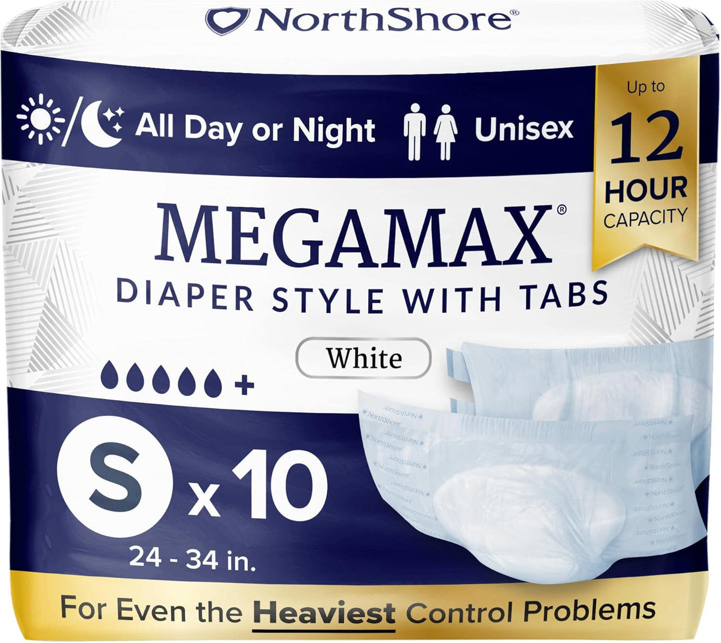 NorthShore MegaMax Adult Overnight Diapers, 12-Hour Tab-Style, Small, 10 Count Bag, White, 24-34 inches, Unisex Incontinence Underwear