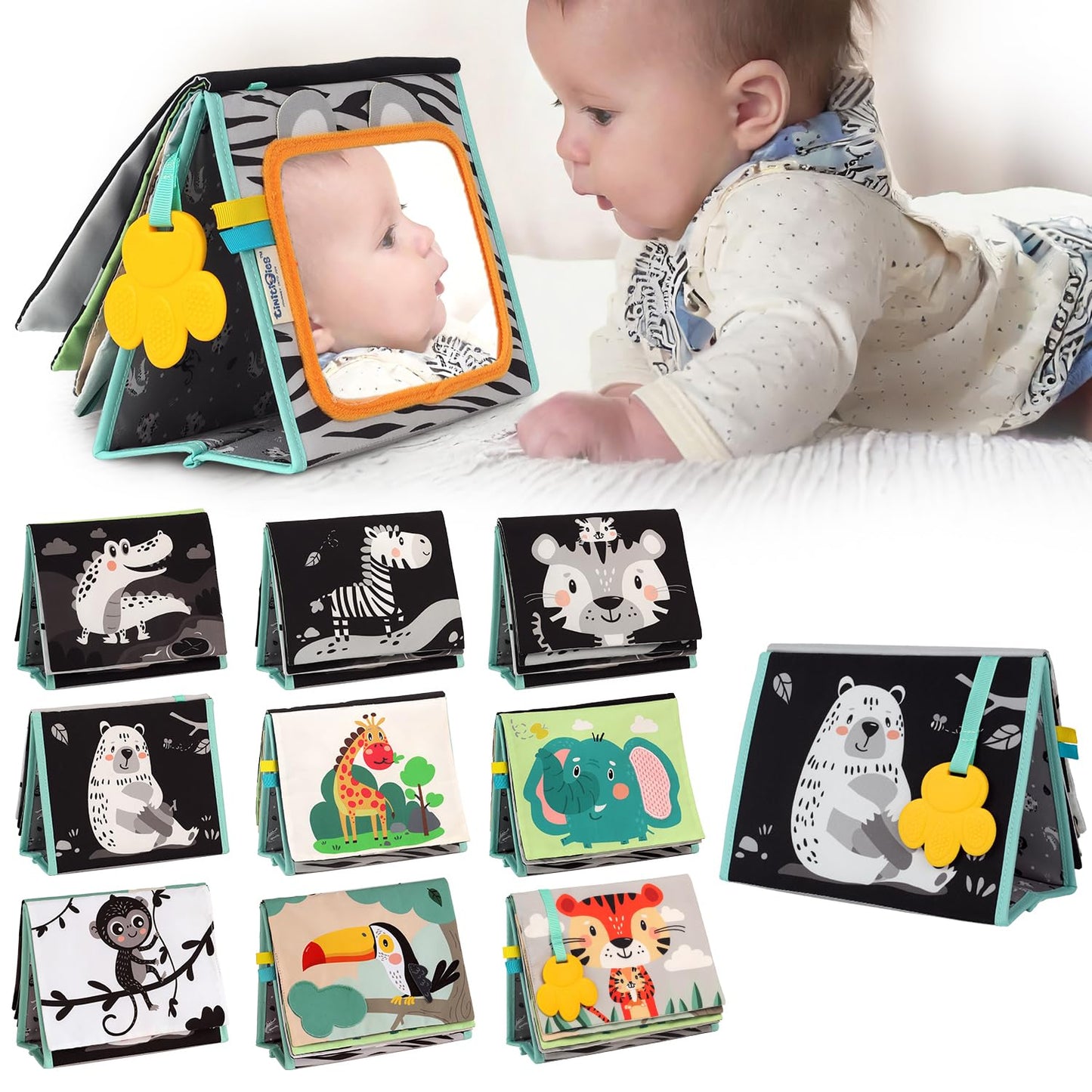 Tummy Time Mirror for Babies - High Contrast Baby Mirror Book with Silicone Teether & Crinkle Pages - Tummy Time Toys for Babies 0 3 6 9 Months