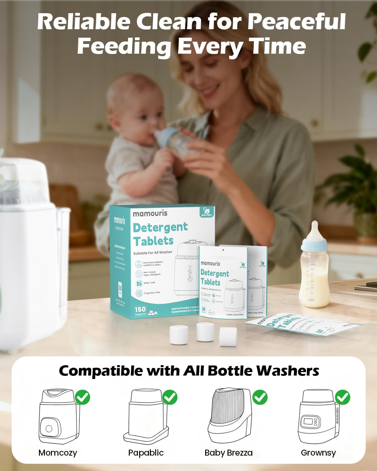 150PCS Official Detergent Cleaning Tablets: for Baby Brezza Grownsy Papablic Momfann Bottle Washer - Baby Bottle Washer Tablets for All Brands Bottles Washers Machines