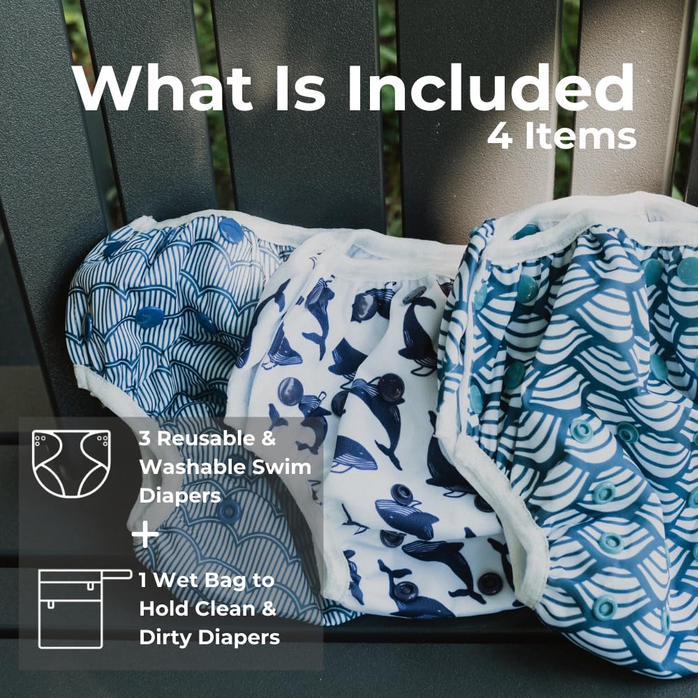 Nora's Nursery Reusable Swim Diapers and Wet Bag - One Size Fully Adjustable - Big Splash Unisex 3 Pack with Wet Bag