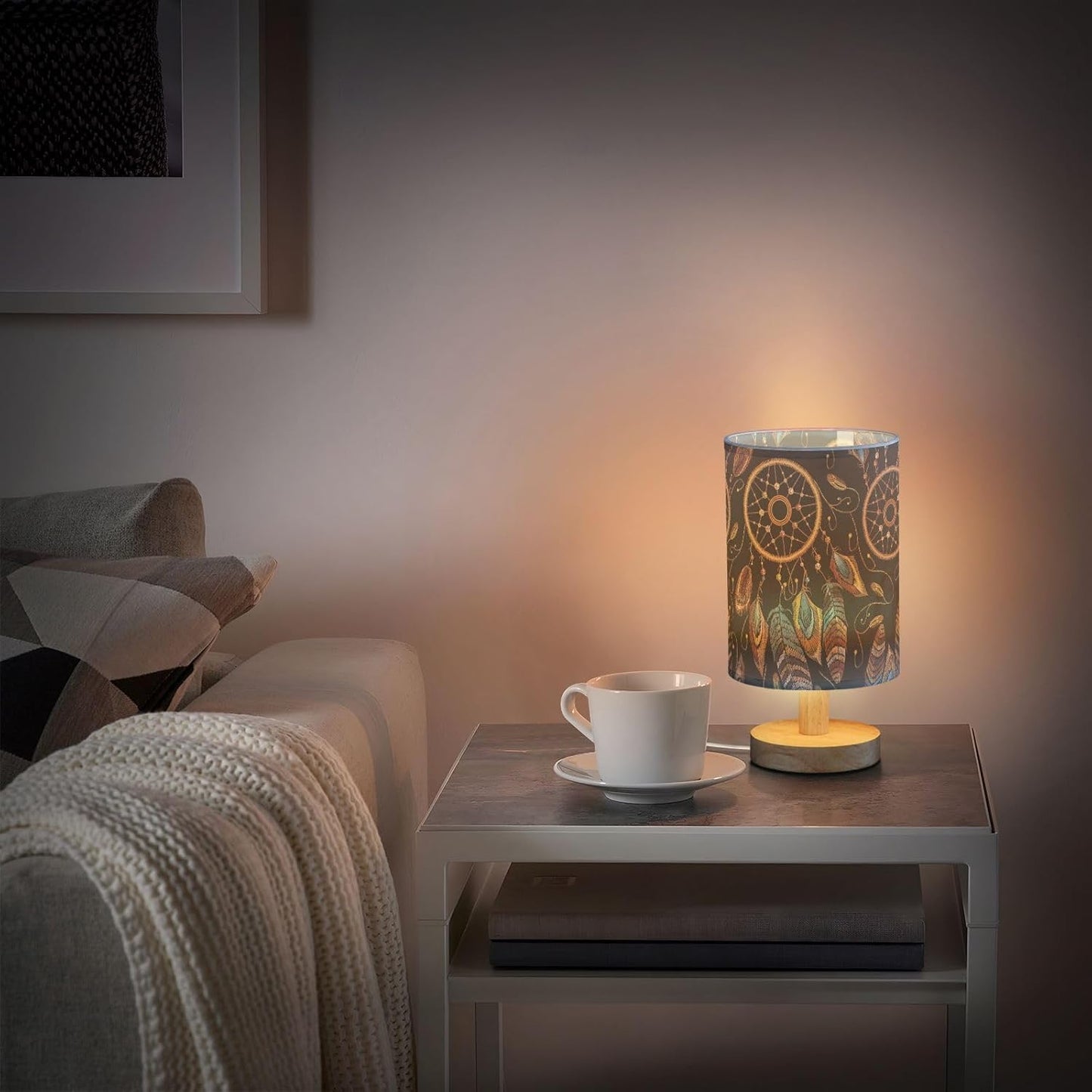 Table Lamp Native American Indian Dream Catcher Magic Ethnic Dreamcatcher Nightstand Lamp with Wood Base Fabric Lamp Shade Bedside Desk Lamp for Living Room Bedroom Kids Room Office