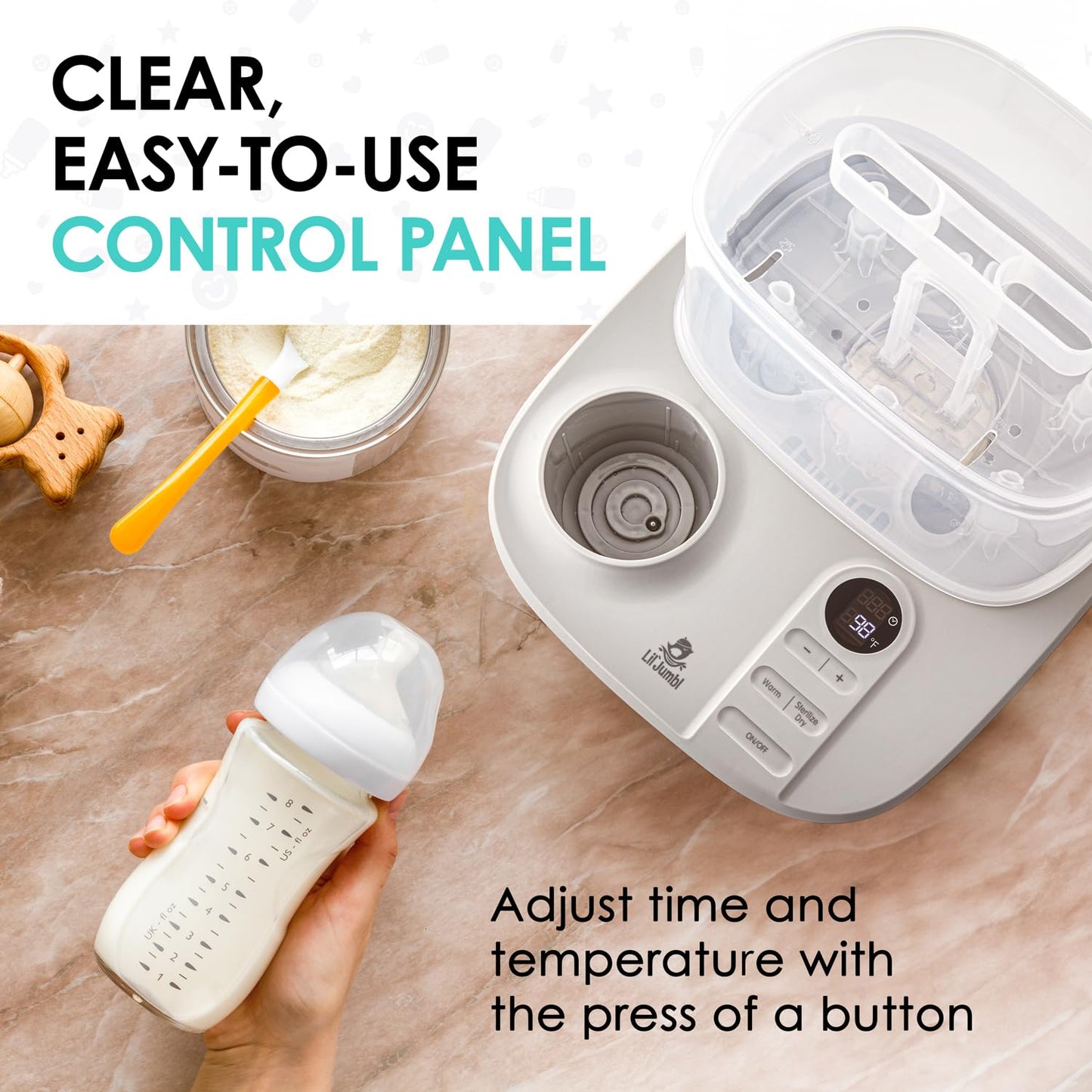 Lil' Jumbl Baby Bottle Sterilizer and Dryer Premium, Removes 99,9% of Bacteria, Chemicals Free, Capacity 6 Bottles, Teats, Accessories, Modular Space Saving Design