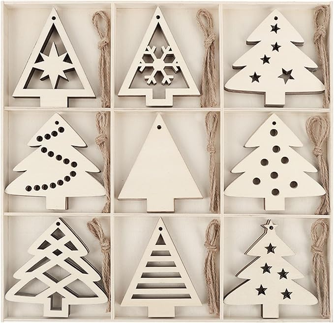 MACTING 27PCS Wooden Christmas Ornaments Unfinished Predrilled Natural Wood