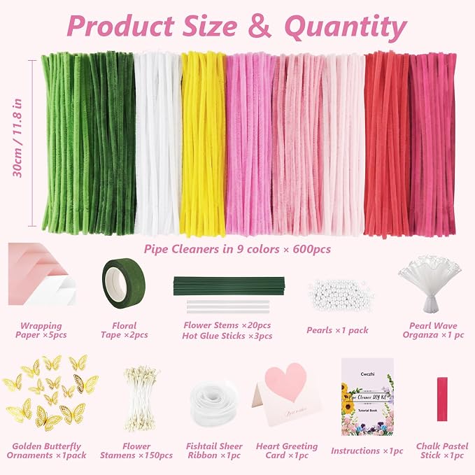 Cwczhi 600 PCS Pipe Cleaners Craft, 9 Assorted Colors Pink Pipe Cleaner Flower