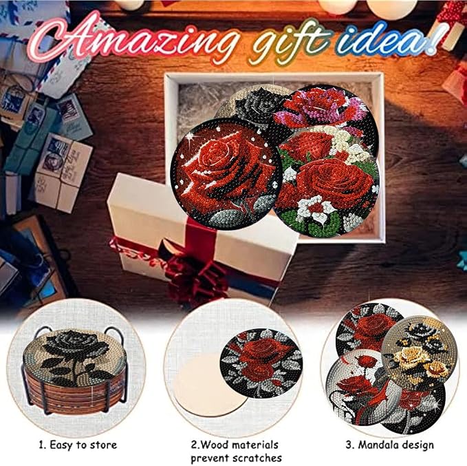 8 Pack Diamond Art Coasters, Rose Flowers Diamond Painting Coasters Kits |