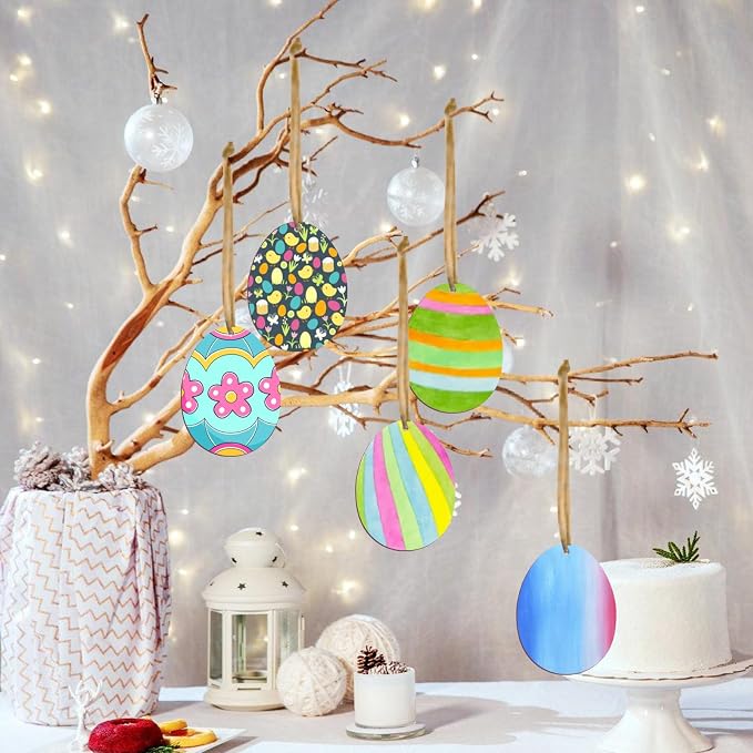 Eggs Shape 50Pcs Unfinished Wooden Easter Ornaments DIY Craft Present-50-Pack