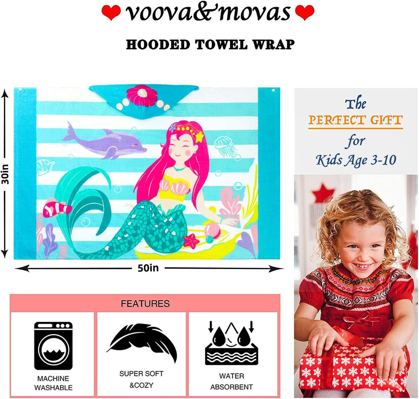 VOOVA & MOVAS Toddler Bath Towels Age 3-10, 30''X50,100% Cotton | Soft | Thick, Hooded Towel for Kids Girls, Perfect for Beach, Pool, Bath,Swim, Stripe Mermaid