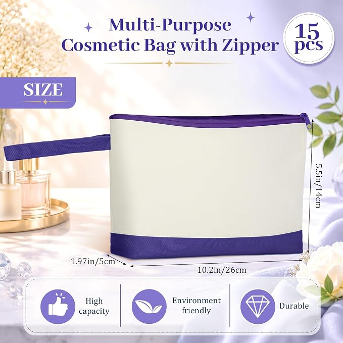 Silkfly 15 Pcs Cotton Canvas Makeup Bags Cosmetic Zipper Bags 10.2 x 5.5 x 2''