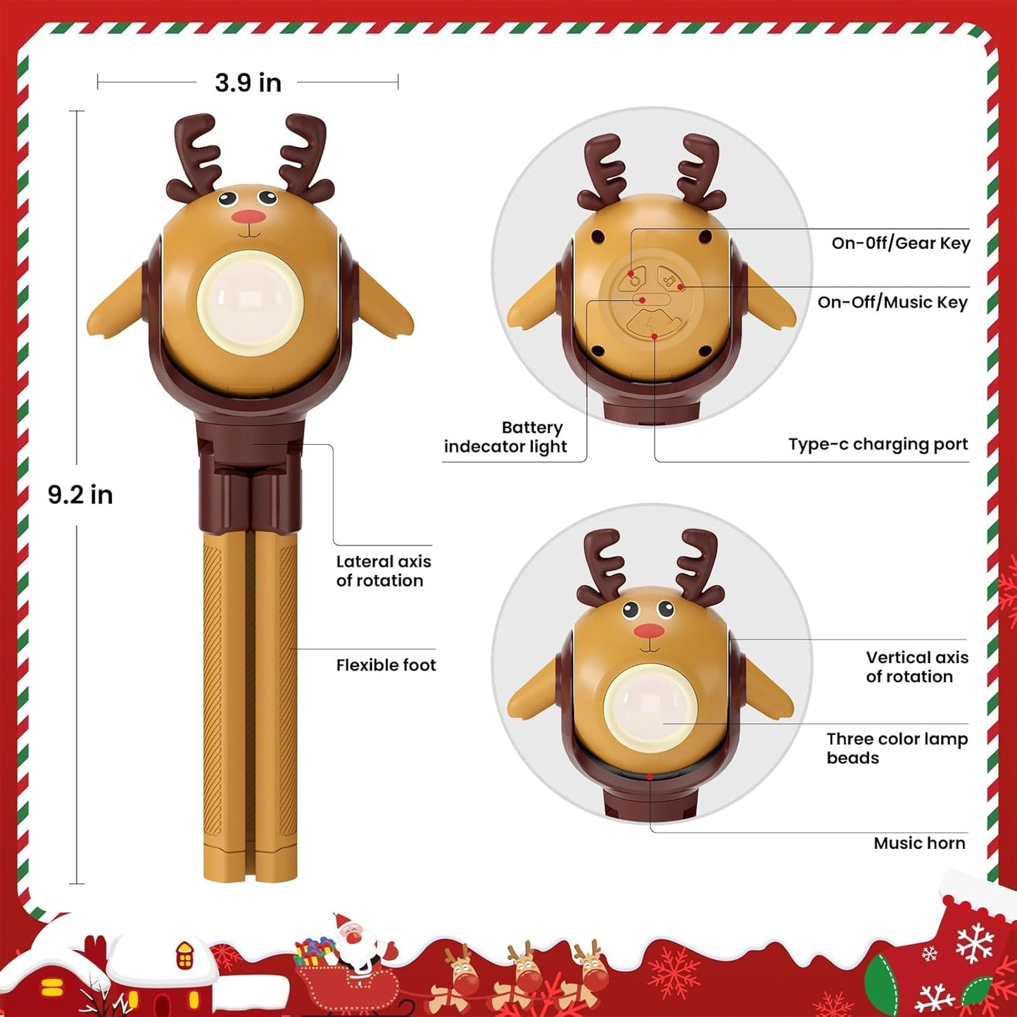 TOLYS Reindeer Kids Flashlight – Rechargeable LED Torch with 8 Songs, USB-C, Fun Flashlight for Boys & Girls, Perfect for Parties, Camping & Outdoor Adventures