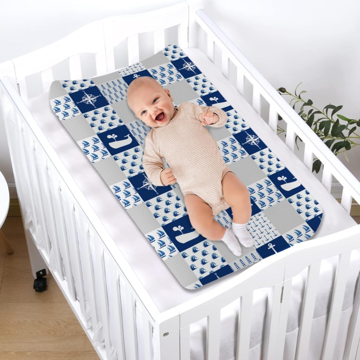 Nautical Life Changing Pad Cover Navy Lighthouse Compass Anchor Whale Wave Diaper Changing Table Cover Sheets for Boys Girls Soft Stretch Fitted Diaper Change Mat Cover 32''x16''