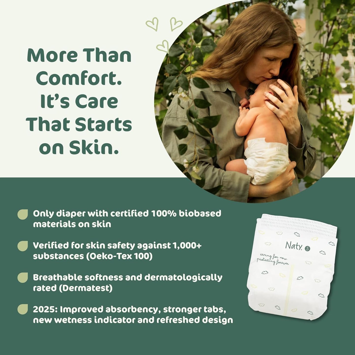 Naty BioEmbrace Baby Diapers Size 5 (24–55 lbs) | 100% Biobased on Skin | Plant-Based Softness | Dermatologically Tested, Super Absorbent | 80 Count