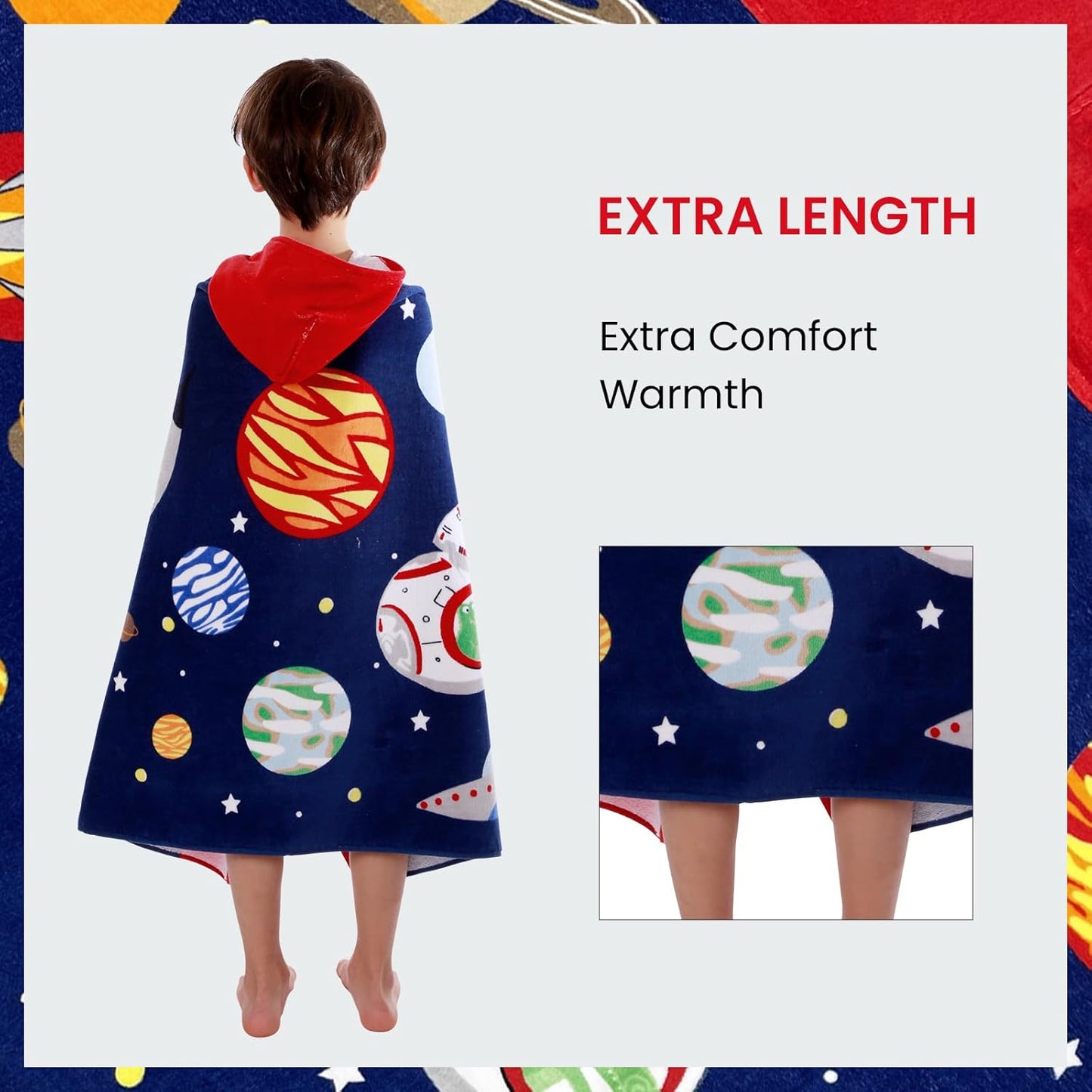 BANGSAUR Kids Hooded Beach Bath Towels, 100% Cotton 50"x30" Wrap Blanket, Toddlers Boys 3-12 Years Coverup Towel Outer Space N