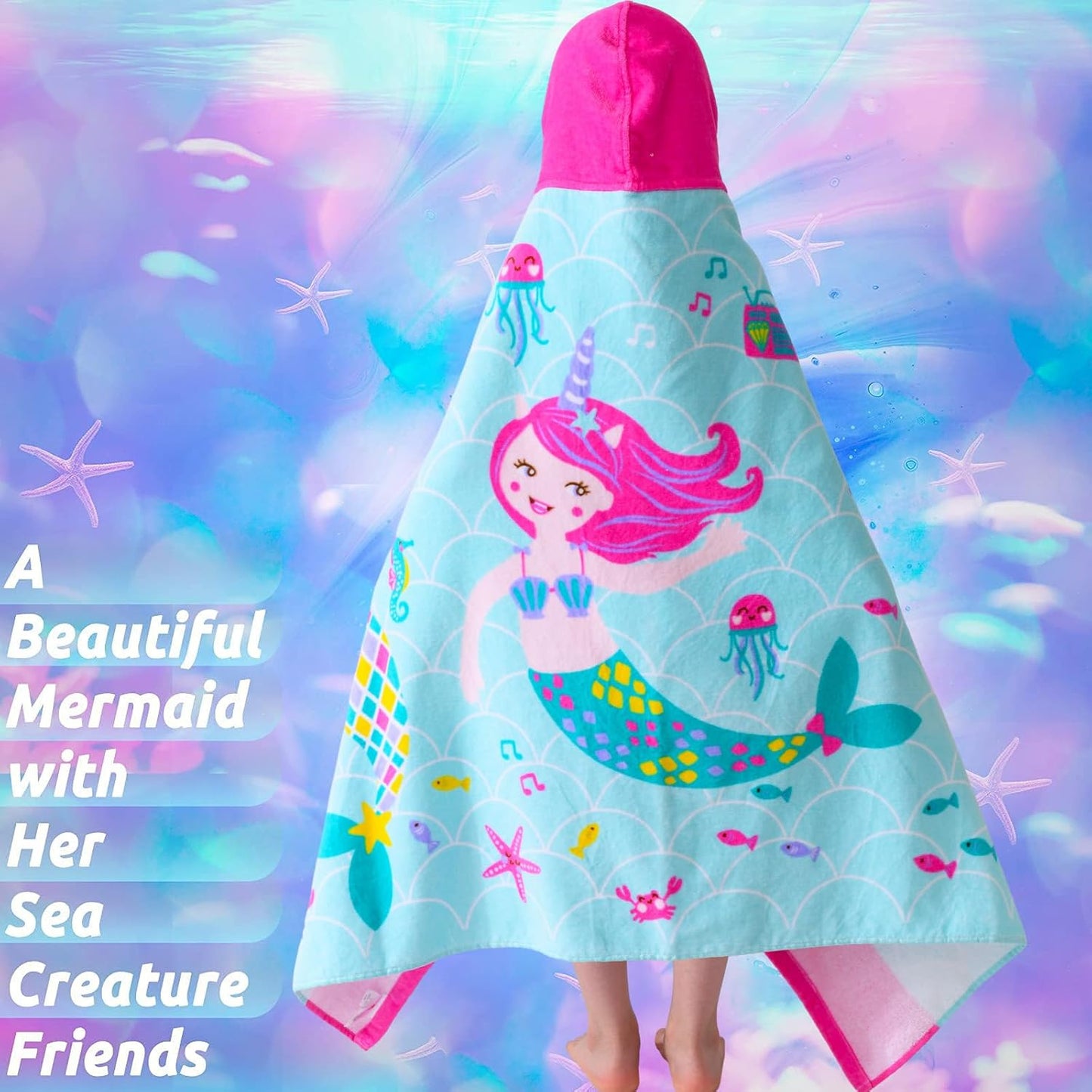 VOOVA & MOVAS Kids Hooded Beach Towel Age 3-10, 30''X50,Soft | Thick | Large | 100% Cotton,Absorbent Beach, Bath, Pool Towels Wrap for Girls, Sea Mermaid