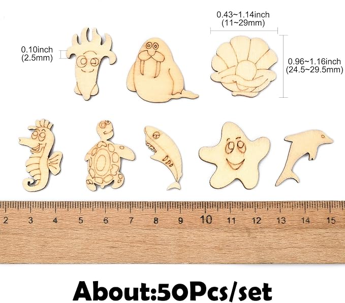 200 pcs Mixed Styles Ocean Animal Theme Undyed Wood Cutout Charms Octopus