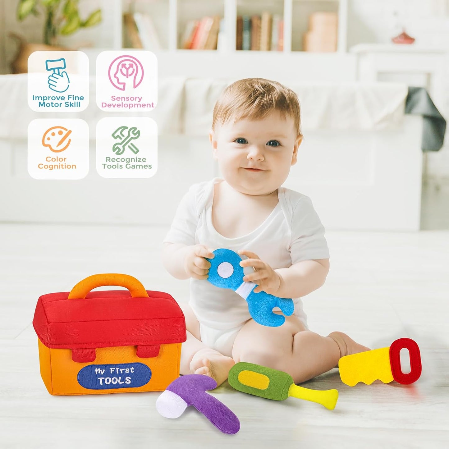 KMUYSL Baby Toys 0-6-12 Months, My First Tools Plush Toys -4 Pcs Sensory Playset Soft Toys with Squeaker Crinkle for 0-6-9-12 Months Newborn Infant, Birthday Christmas Gifts for Boys Girls