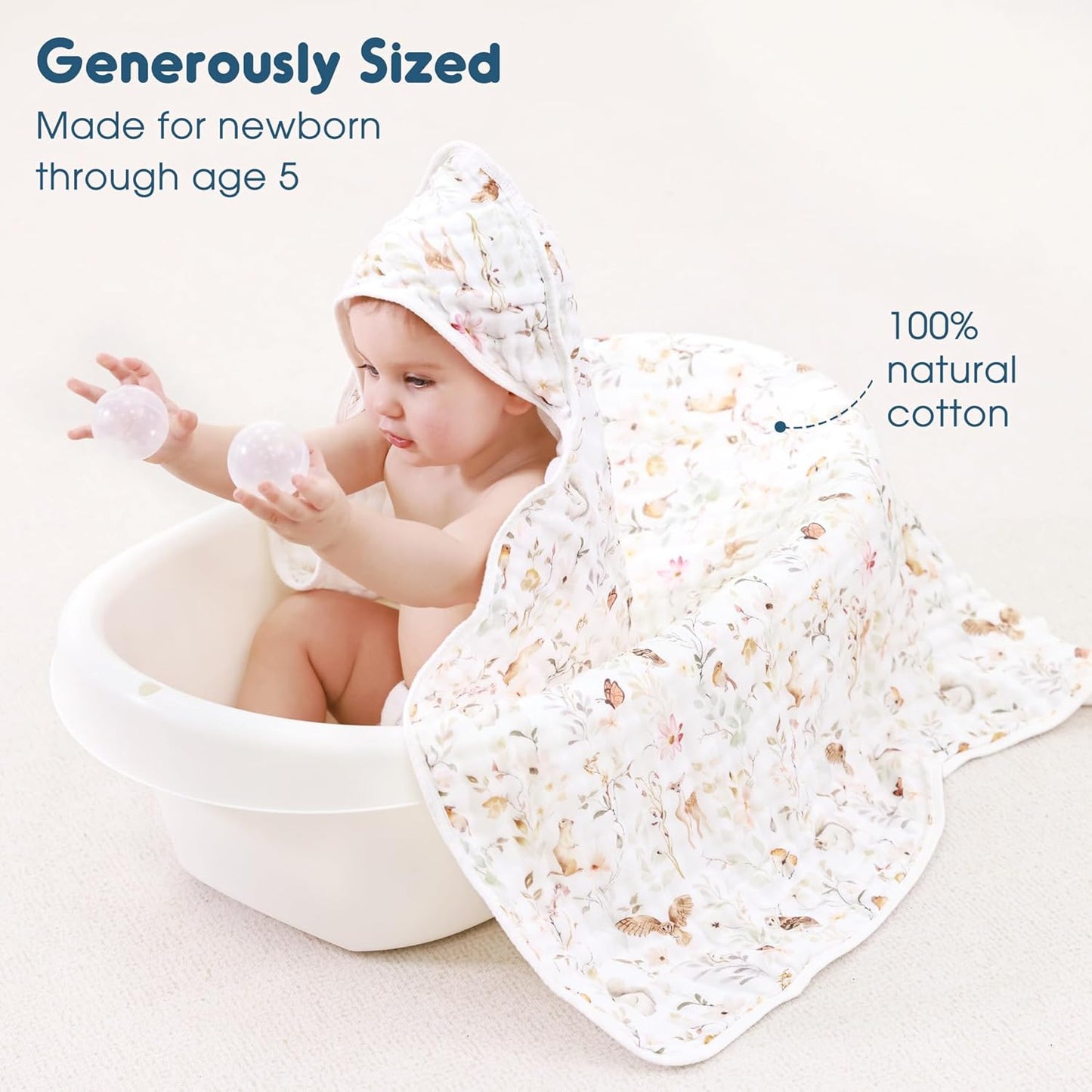 GRSSDER Ultra Soft Absorbent Muslin Cotton Baby Hooded Towel 2 Pack with Original Patterns, Extra Large Size 35"x 35" Swaddle Wrap for Newborn Infant and Toddler