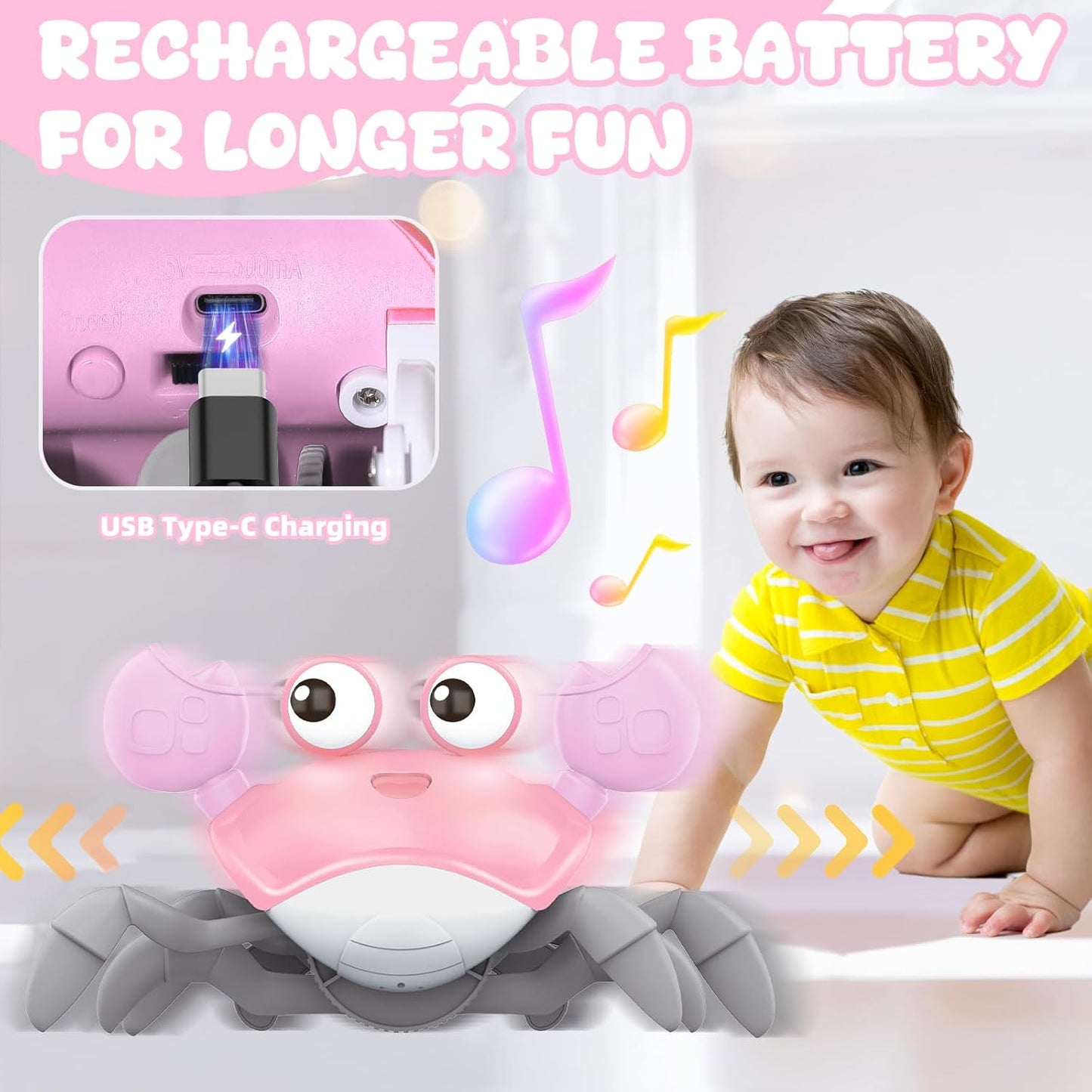 Crawling Crab Baby Toy, Tummy Time Girl Gifts for Babies 3-6 6-12 Month, Light-Up Walking Dancing Moving Crab with Music & Obstacle Avoidance, Rechargeable Musical Toys 1 Year Old Girls Gift (Pink)
