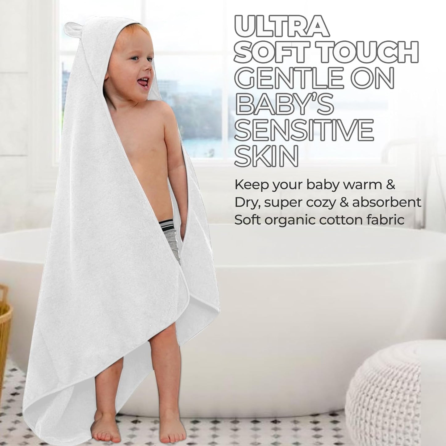 Organic Cotton Toddler Towel Poncho - Ultra-Soft for Boys & Girls 0-5T, Bath Towel with Bear Ears, Absorbent & Premium (White)
