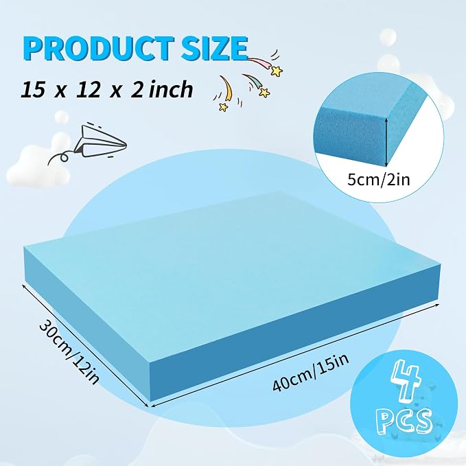 LuckyFoam Blue 4 Pack 15x12x2 inch Foam Sheets 2 Inch Thick | Polystyrene