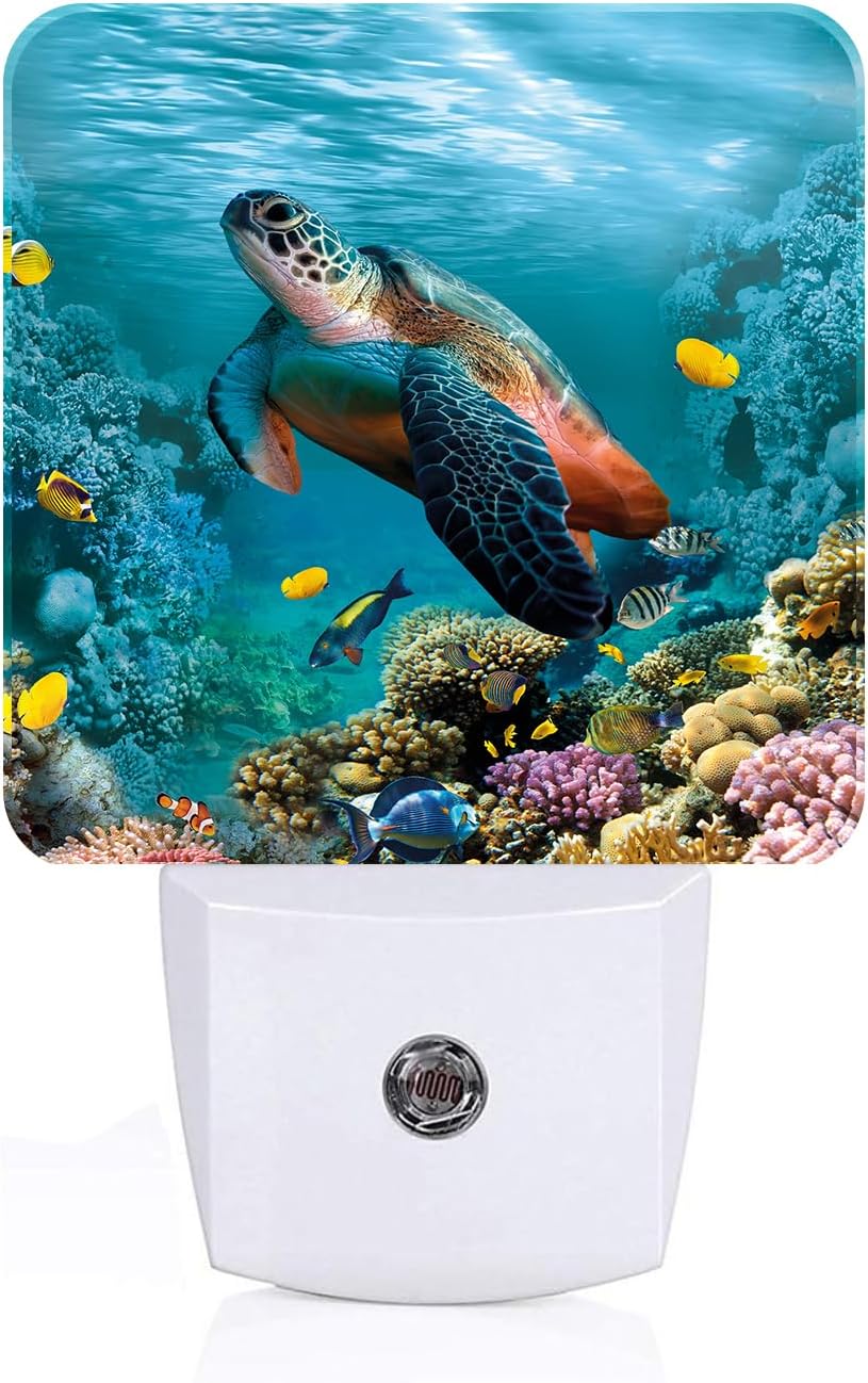 Sea Turtle Corals Fish Night Light,Plug Into Wall with Dusk to Dawn Light Sensors, Warm Nightlights for Bedroom, Bathroom, Hallway, Kitchen, Gifts Ideal for Boys Girls Women Men