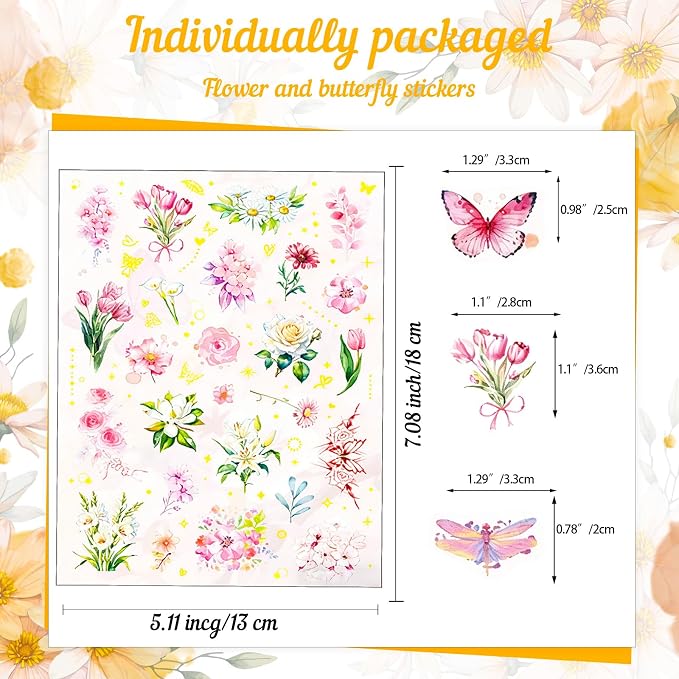 Transparent Floral Butterfly Scrapbook Stickers Pack, Waterproof Dreamy Decals