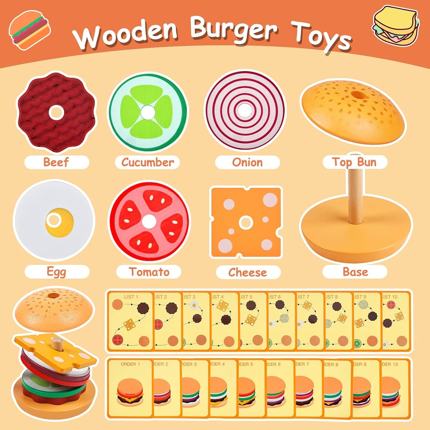 Wooden Burger Stacking Toys Montessori Toys For Toddlers Preschool Education Activity Board Game Early-Education Matching Speed Race Pretend Toy Food Back To School (Burger)