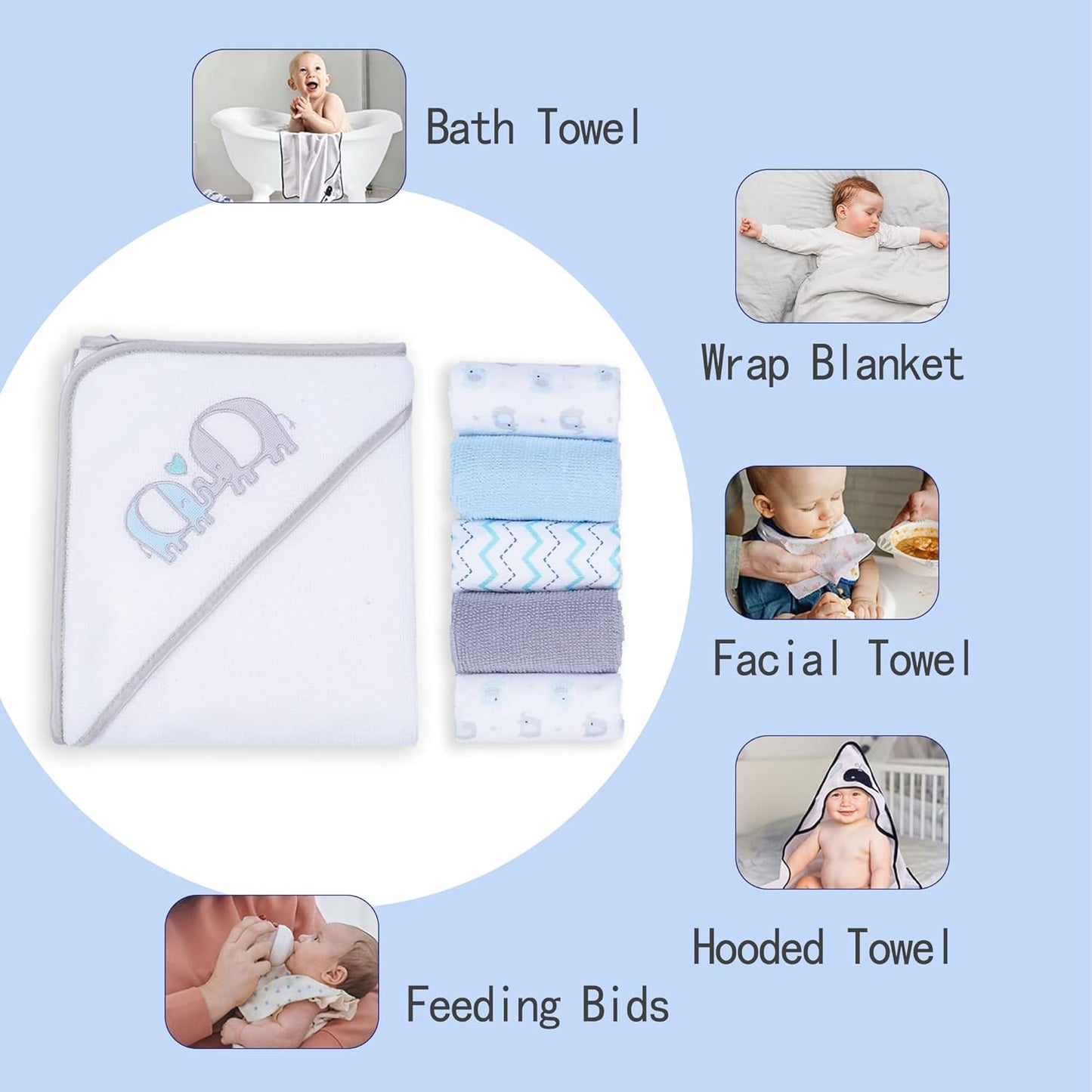 Viviland Baby Towels and Washcloths, Soft Absorbent Baby Bath Towel Set, Elephant Hooded Towels with 5 Infant Face Washcloths (6 Pieces)
