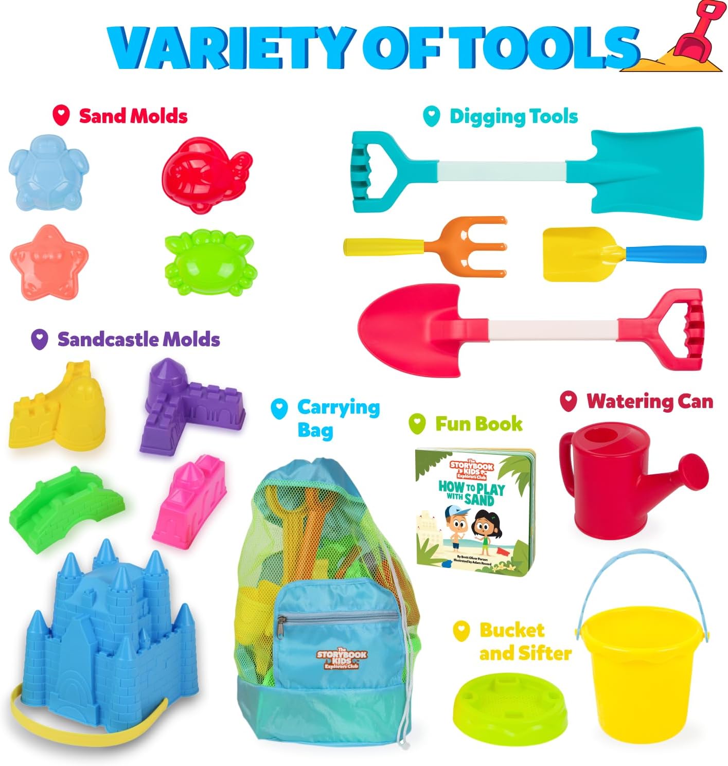 Beach Toys for Kids and Toddlers Ages 3-10 – Durable Sandbox Toy Set, Stronger Mesh Bag, Variety of Sand Toys– Unique Castle Molds, Buckets, Shovels, Better Watering Can