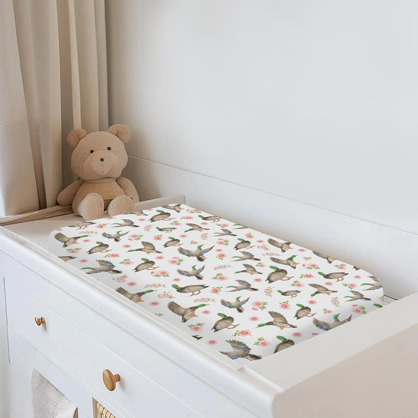 Mallard Ducks Boho Floral Changing Pad Covers for Baby Girl Boy Green Duck Spring Fitted Change Table Cover Mats Wild Duck Hunting Soft Diaper Changing Table Sheets 32''×16''