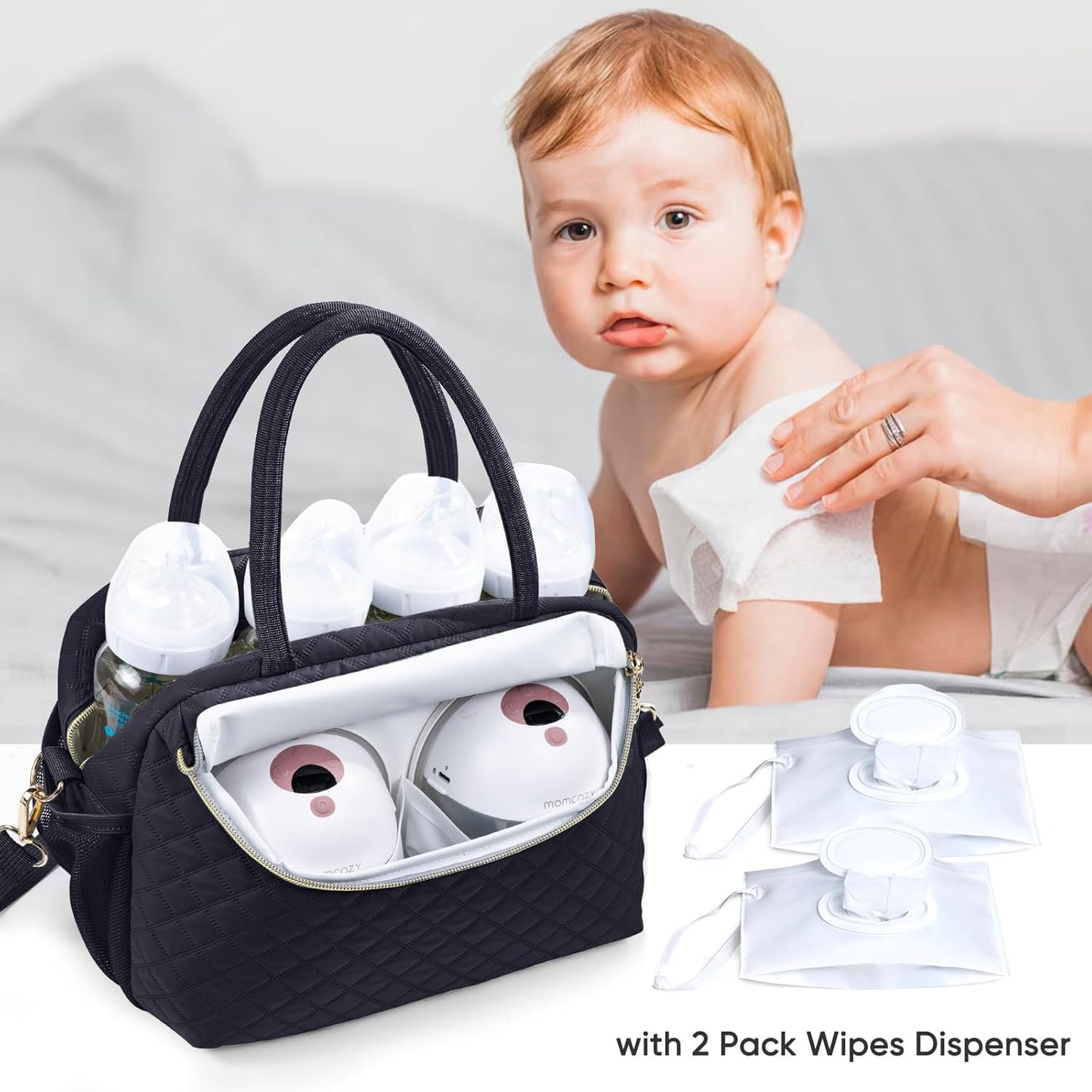 Breastmilk Cooler Travel Bag with 2pcs Wipes Dispensers and Ice Pack -Baby Bottle Cooler Bag for 6 Baby Bottles Up to 9 Ounce - Breast Pump Bag, Breastmilk Storage Bag, Bottle bag for Daycare