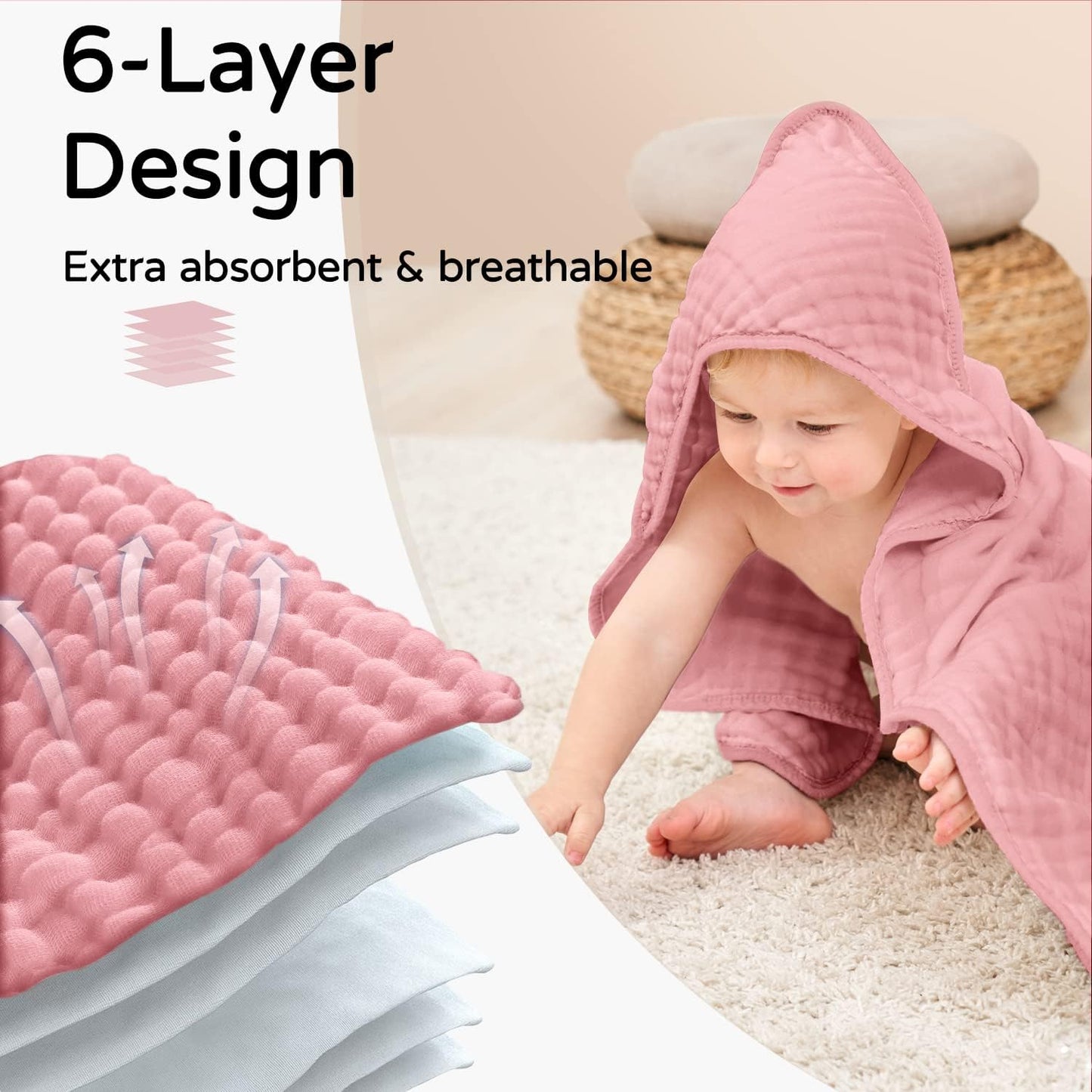 Yoofoss Hooded Baby Towels for Newborn 2 Pack 100% Muslin Organic Cotton Baby Bath Towel with Hood for Babies, Infant, Toddler and Kids, 32x32Inch, Soft and Absorbent Newborn Essential,Bge& Bean Paste