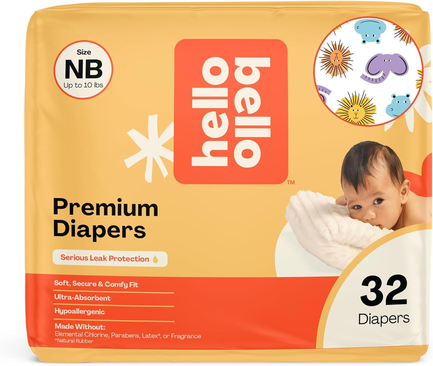 Hello Bello Premium Diapers Size NB (Up to 10 lbs) Safari Squad Designs, 32ct Jumbo Pack