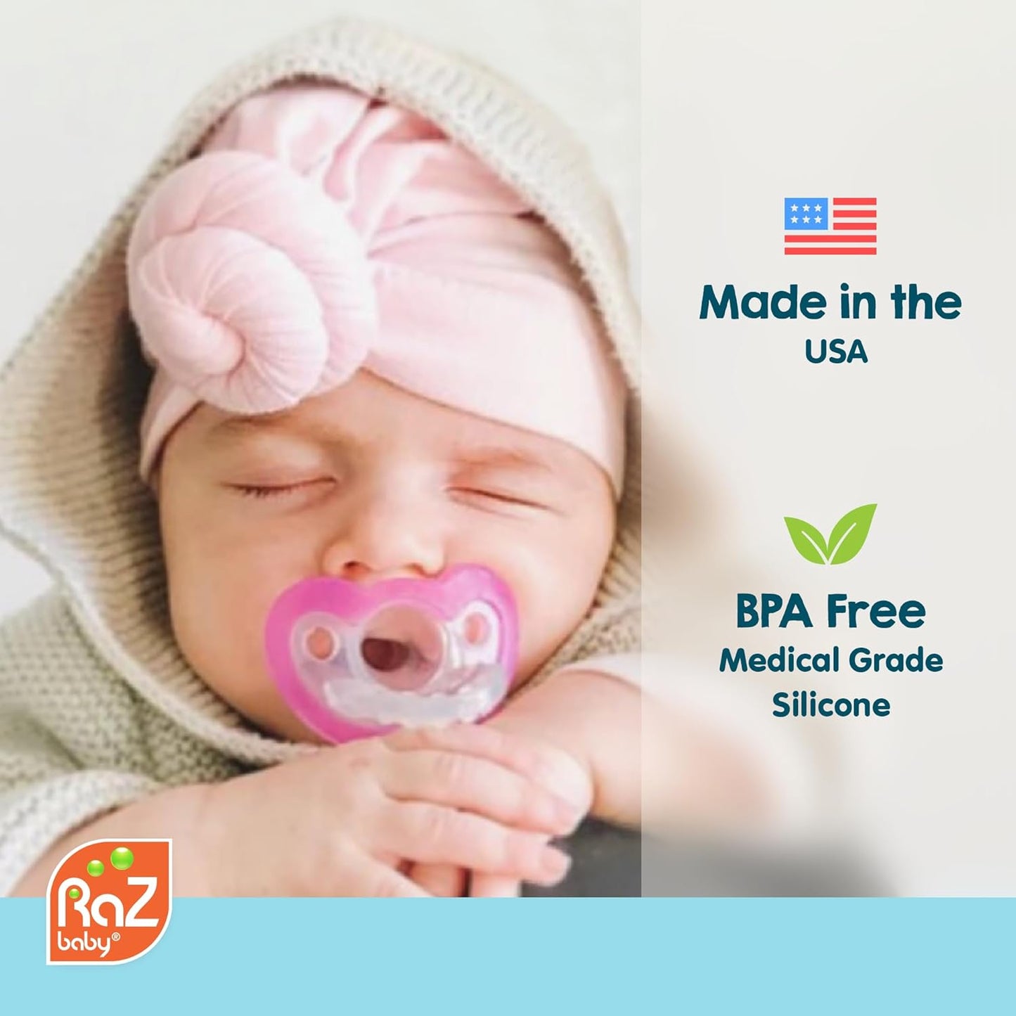 RaZbaby JollyPop Pacifier, Holder w/Detachable Baby Pacifier, Stuffed Animal RaZbuddy, All Ages 0M+, 100% Medical Grade USA Made Silicone, Machine Washable, Textured & Easy to Hold – Lab