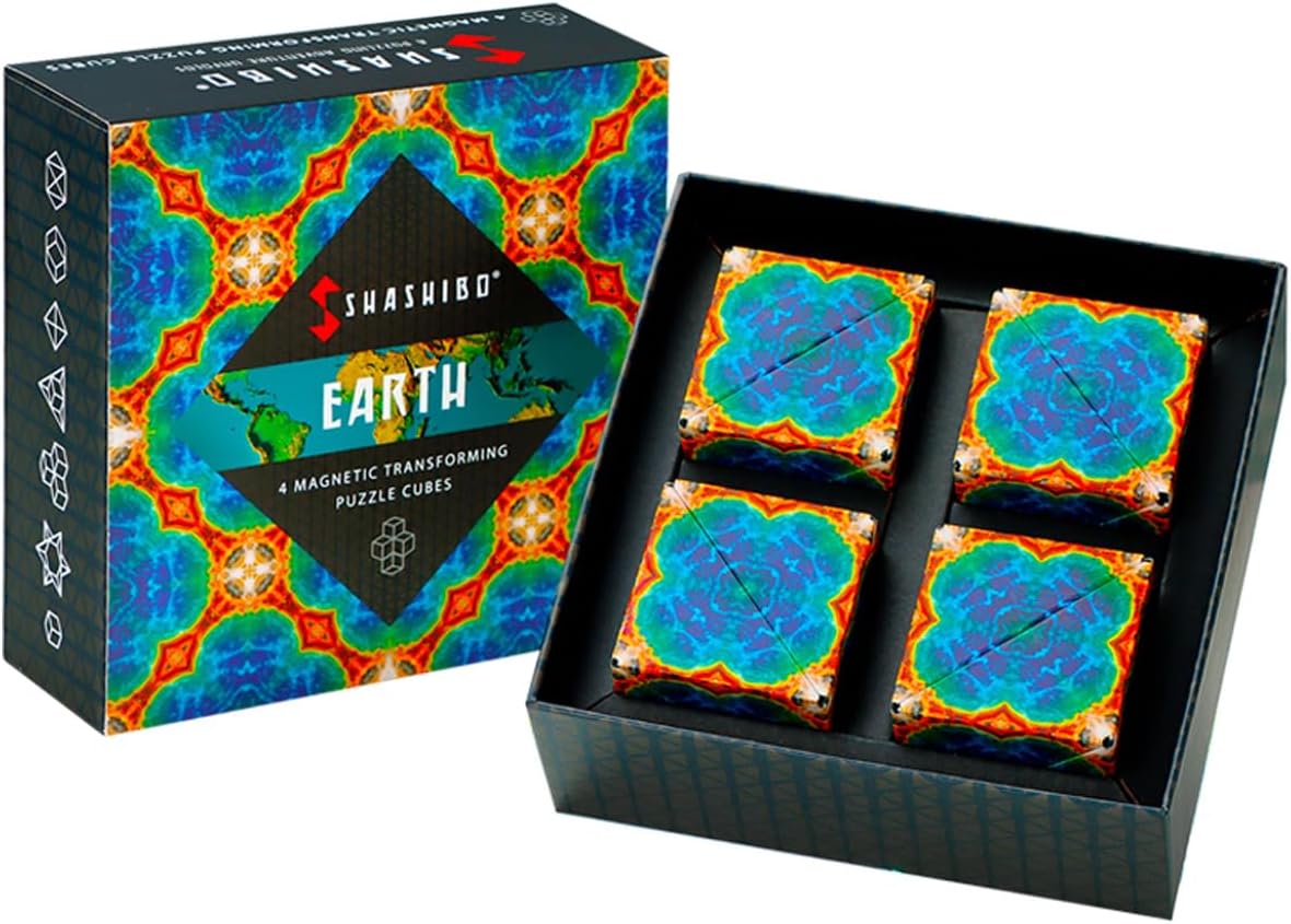 SHASHIBO Shape Shifting Box - Award-Winning, Patented Fidget Cube w/ 36 Rare Earth Magnets - Transforms Into Over 70 Shapes, Gift Box, Download Fun in Motion Toys Mobile App (Earth, 4 Pack)