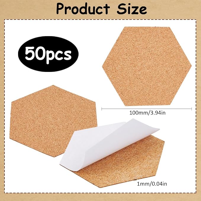 50Pcs Self Adhesive Cork Board Backings Cork Coaster Bottoms 4 Inch Hexagon