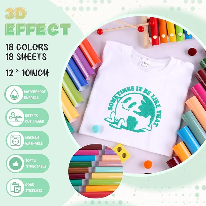 Tintnut Multicolored Puff Heat Transfer Vinyl, easy cut & weed, stretch washable