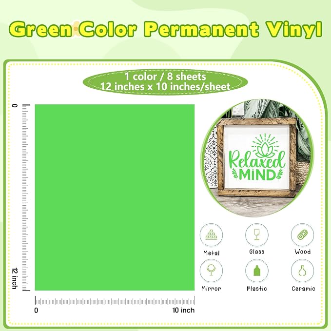 Tintnut Lime Green Permanent Vinyl Self Adhesive Vinyl 8 Sheets 12''x10'' |