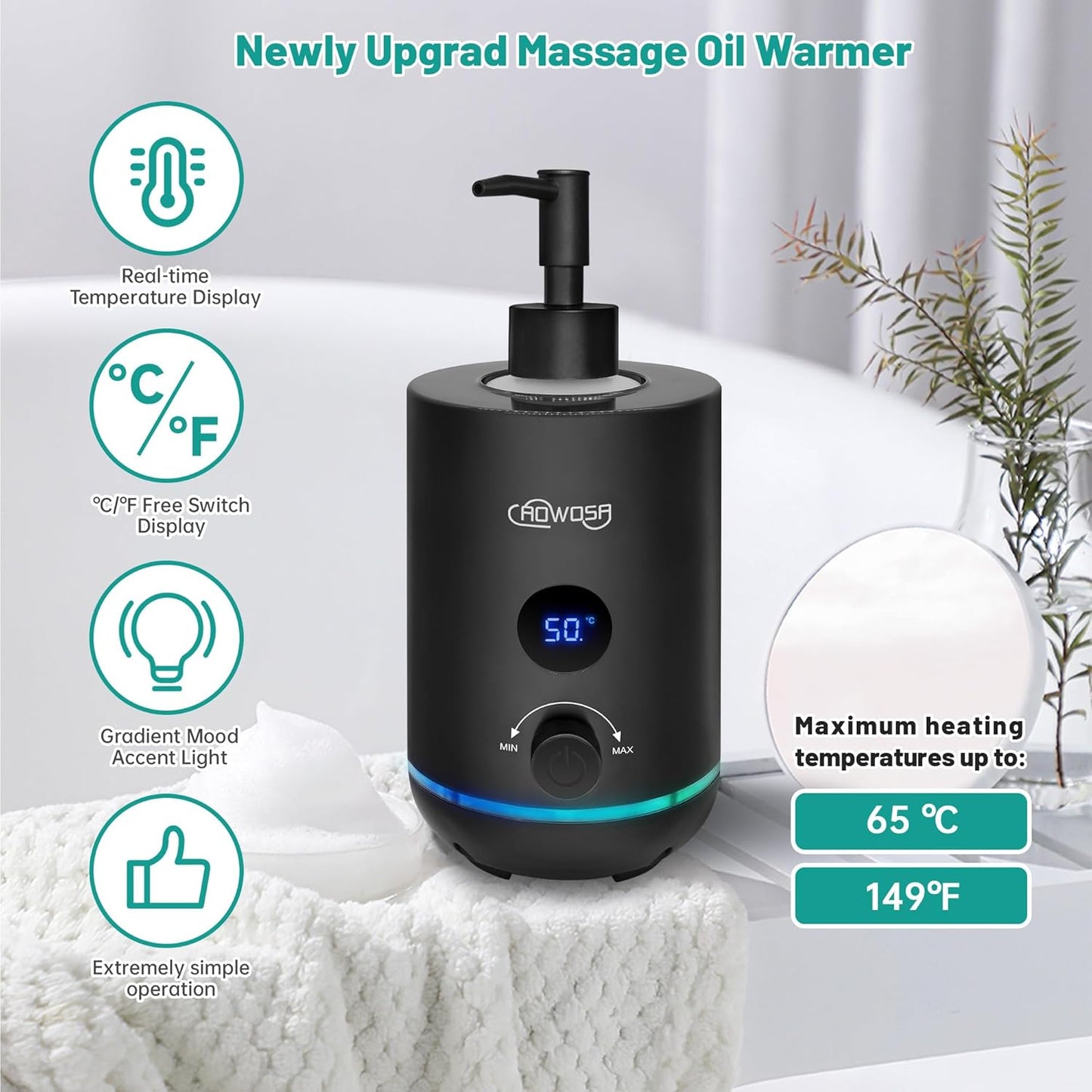Massage Oil Warmer Bottle Professional Electric Lotion Digital Heater for SPA, Portable Oil Warmer Heated Cream for Beauty Salon Home, with Gradient Atmosphere Lamp, ℃/℉ Switchable Display