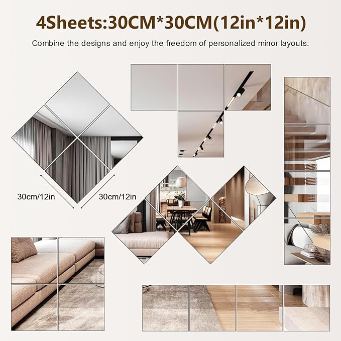 Full Length Mirror Tiles, 12x12 Inch Unbreakable Acrylic Squares