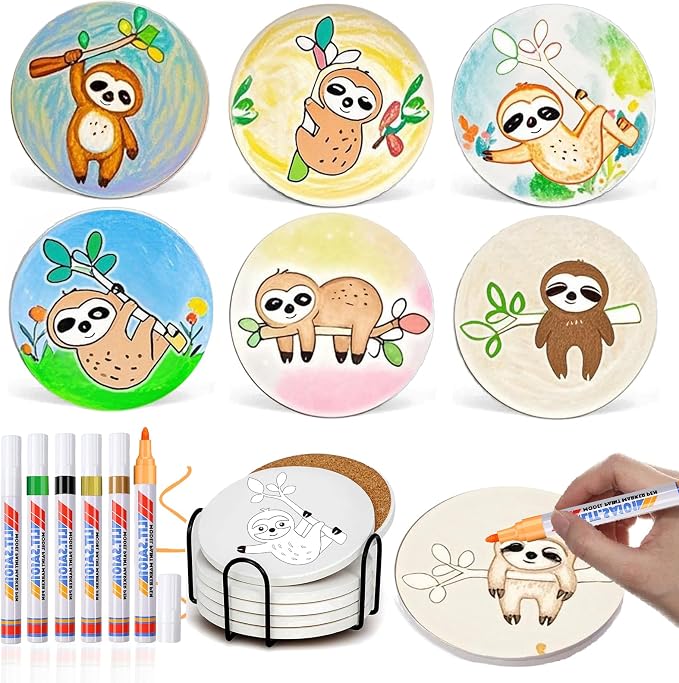 6 Absorbent Ceramic Tiles with Cork Base, Paint Your Own Sloth Coaster | Arts
