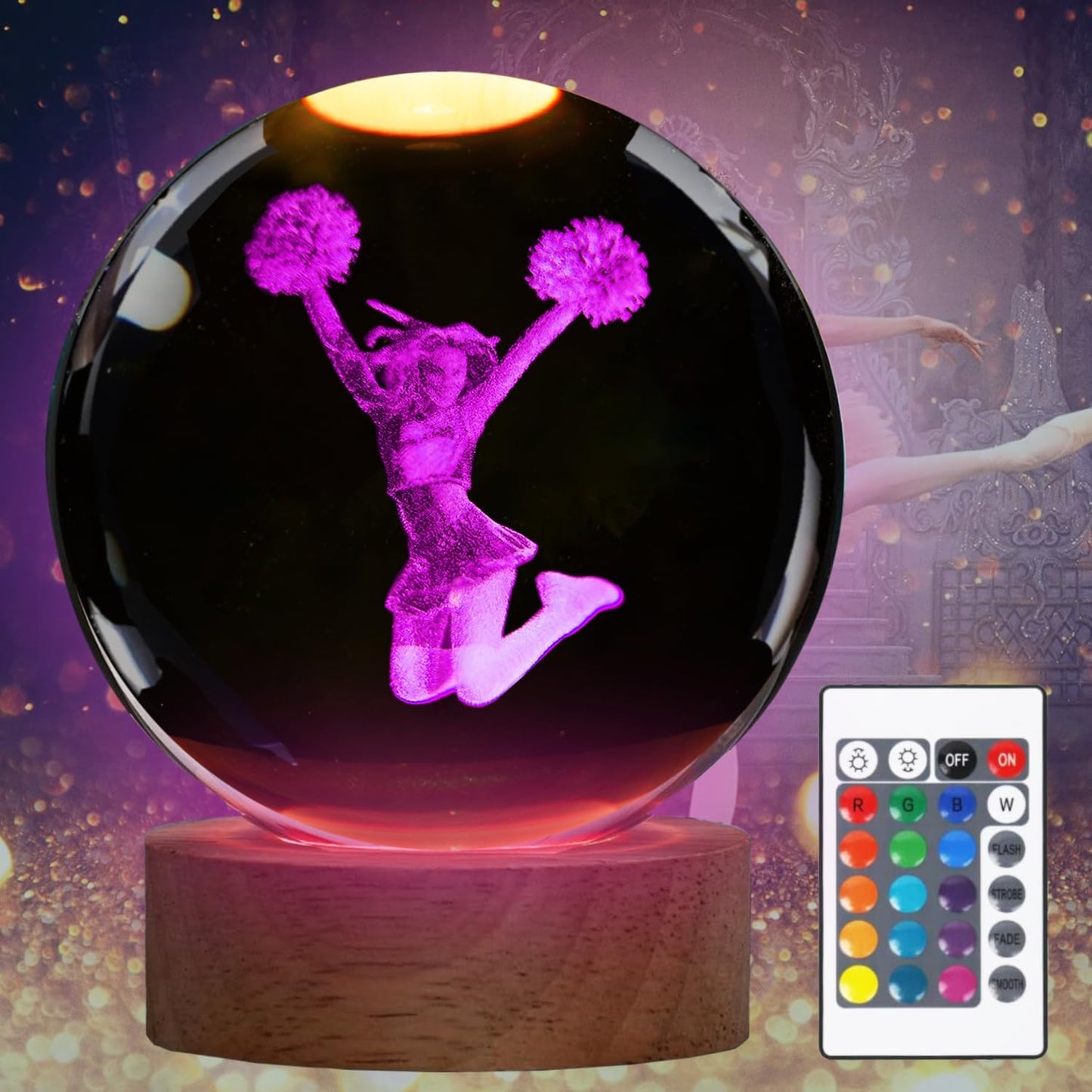 Cheerleader Crystal Night Light, Cheerleader Gifts, K9 3.15 Inch(80mm) Crystal Ball Night Light with 16 Colors Remote Upgraded Lamp for Birthday Xmas Cheering Squad Gifts for Room Decor Girls