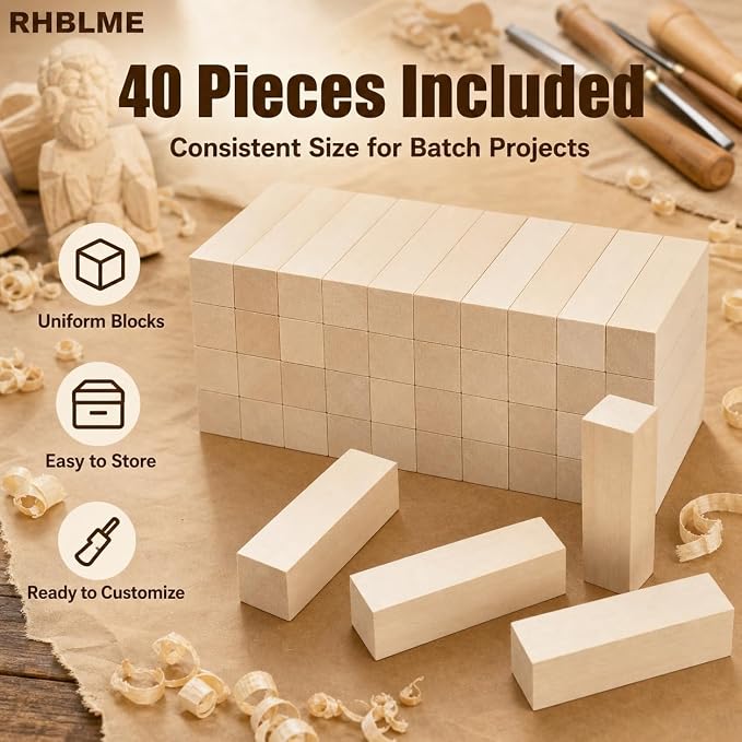 RHBLME 40 PCS Basswood Carving Blocks, Wooden Cubes Soft Solid Wooden Basswood