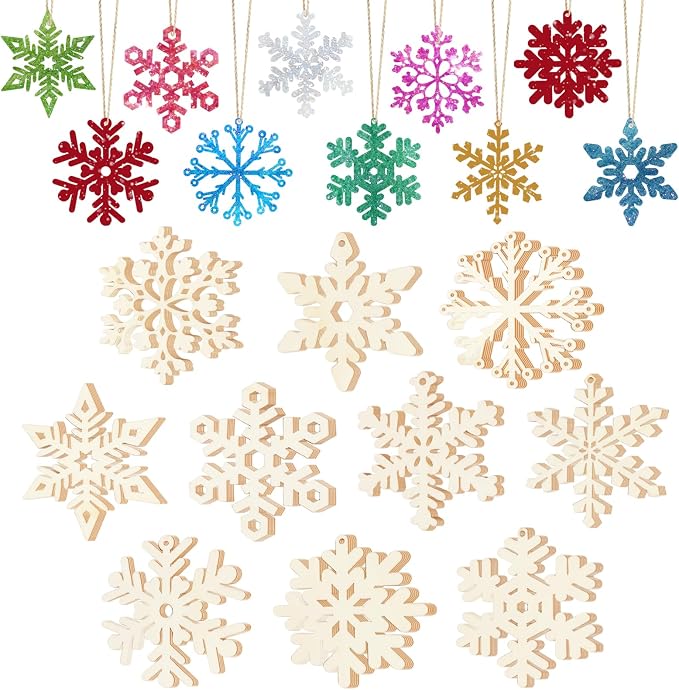 40Pcs Unfinished Paintable Blank Wooden Christmas Snowflake Festival Decoration